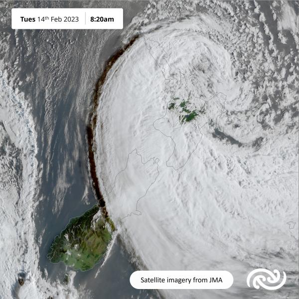  A true colour satellite image with the centre of Cyclone Gabrielle north of the Bay of Plenty. (The white is the cloud and note the shadow cast by the cloud on the western side of the image)