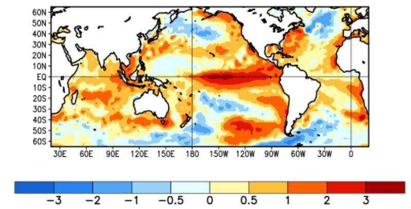 The sea surface temperature deviation from normal shown over the last four weeks (10 January – 6 February 2016). Image courtesy of NOAA NCEP Climate Prediction Center. 