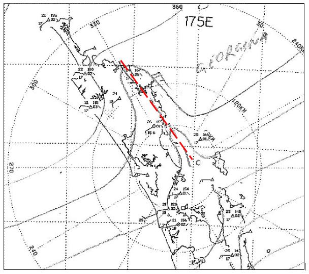 The Northland lee/heat trough (circled in red), as analysed by a MetService forecaster at 3pm, 10 January 2017