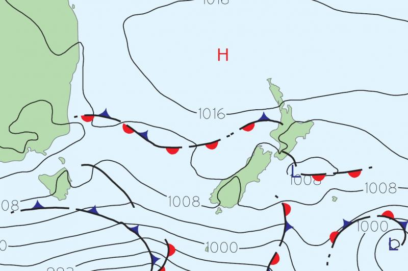  The broad-scale weather map over New Zealand, as analysed at 1pm, 10 January 2017.