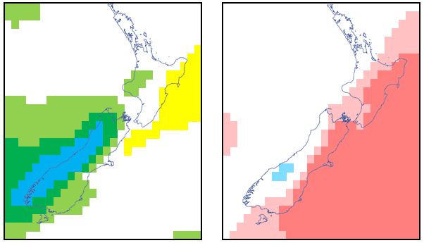 Forecast weekly rainfall anomaly (left) and temperature anomaly (right)