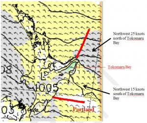 Map showing MetService wind guidance with different wind speeds within the same coastal area caused by the topography.