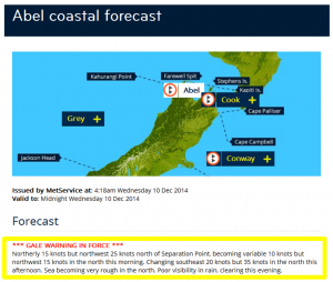 Example of a MetService coastal forecast with the area split (north and south of Separation Point)
