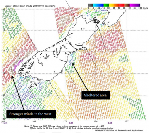 Example of significantly different winds over a coastal forecast area taken from ASCAT satellite data on 10/07/14.