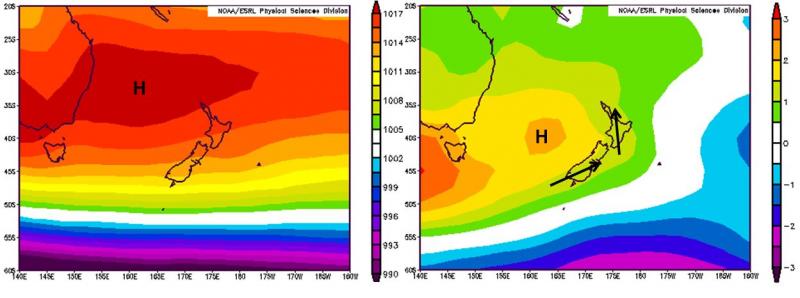 The average weather map over the last 7 months (on left), for July 2015 to January 2016. The weather map deviation from normal is also shown for the same period (on right).