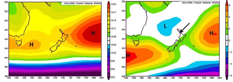 The average weather map for January 2016 (on left). The weather map deviation from normal is also shown for the month (on right).