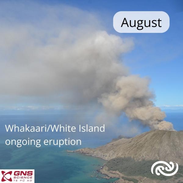 Whakaari/White Island saw ongoing eruptions from late July throughout August (image courtesy of GNS)