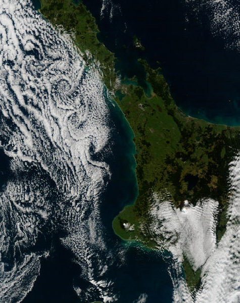 Kármán Vortex street west of the North Island, 10:15am 21 June 2009.<br /> (Image courtesy of MODIS Rapid Response Project at NASA/GSFC.)