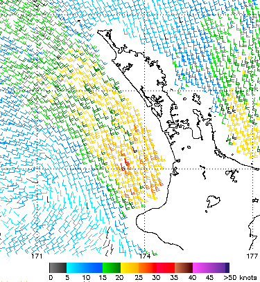 QuikSCAT image showing surface winds. (Image from NOAA/NESDIS)