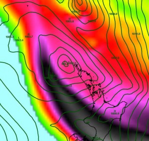 ECMWF forecast for 3PM on the 17th. Green contours are surface isobars. Shaded regions are those of high upper level winds (black being the strongest).