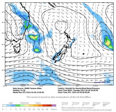 Weather map showing pressure isobars, rainfall and surface winds from metservice.com