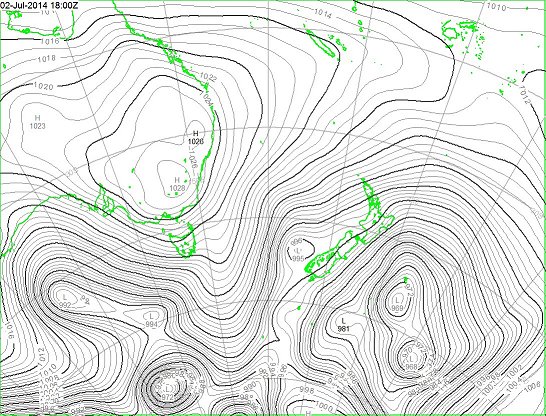 Chart at same time as previous, but fronts removed and intermediate isobars added (in grey)