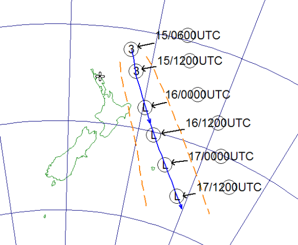 Track of TC Pam. The orange lines mark the uncertainty of the track. Times are given in UTC, add 13 hours for New Zealand local time.