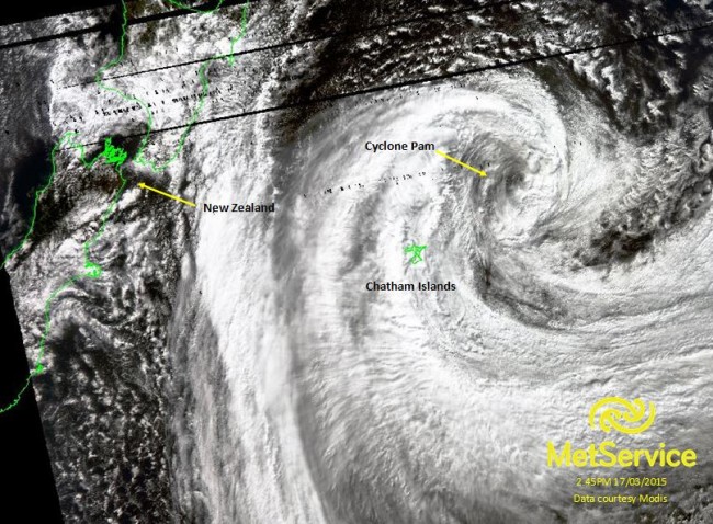 Modis high resolution polar-orbiting satellite image of Cyclone Pam near the Chatham Islands at 2.45pm 17/03/2015