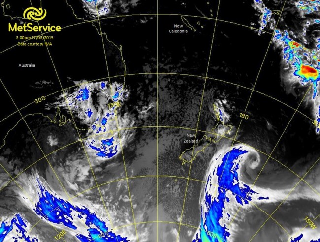 Enhanced infra-red satellite image from Tuesday at 3pm New Zealand time showing Cyclone Pam to the east of the country.