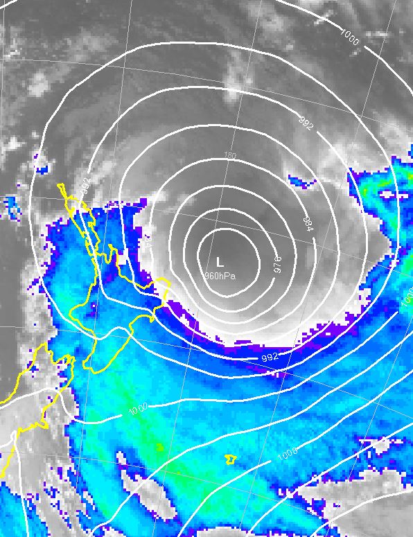 Cyclone Pam ("L") located about 230km northeast of East Cape at 10am this morning.