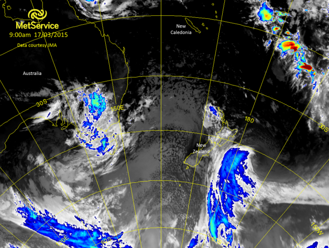 An enhanced infra-red satellite image from Tuesday at 9am New Zealand time showing Cyclone Pam to the east of the country.