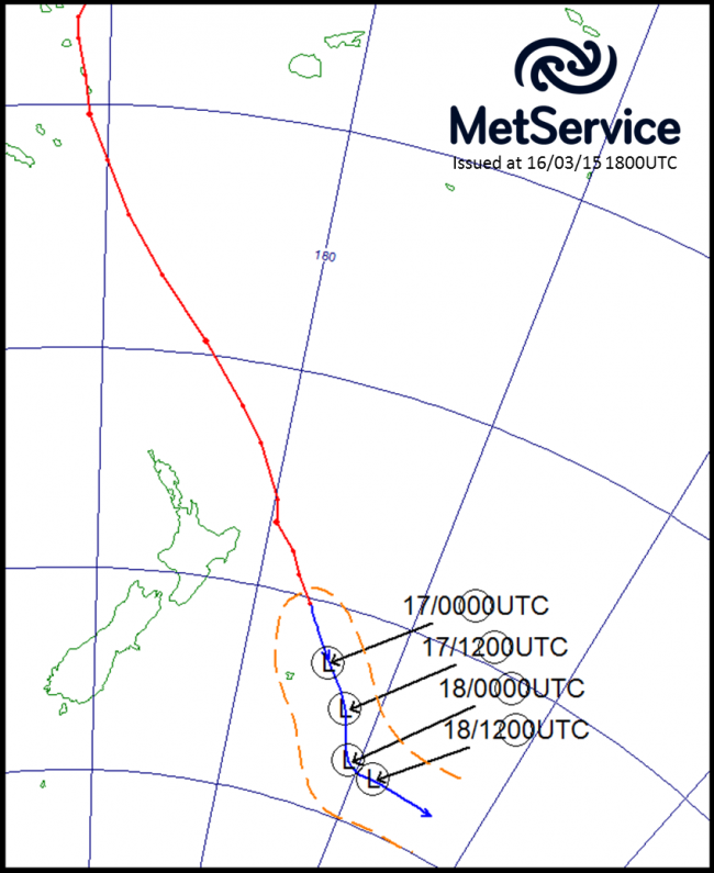 The historical track of Cyclone Pam (red line) and its forecast track (blue line) with forecast positions marked as circled L’s in universal coordinated time (NZST = UTC +13 hours)