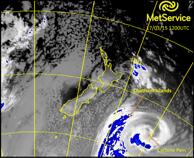 Enhanced infra-red satellite image from Wednesday at 1am New Zealand time showing Cyclone Pam to the southeast of the Chatham Islands.