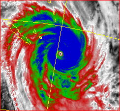The image on the left is TC Pam at 9pm on Saturday (Cat 5 – 890hPa) and the one on the right is Pam at 6pm Sunday (Cat 3 – 955hPa)