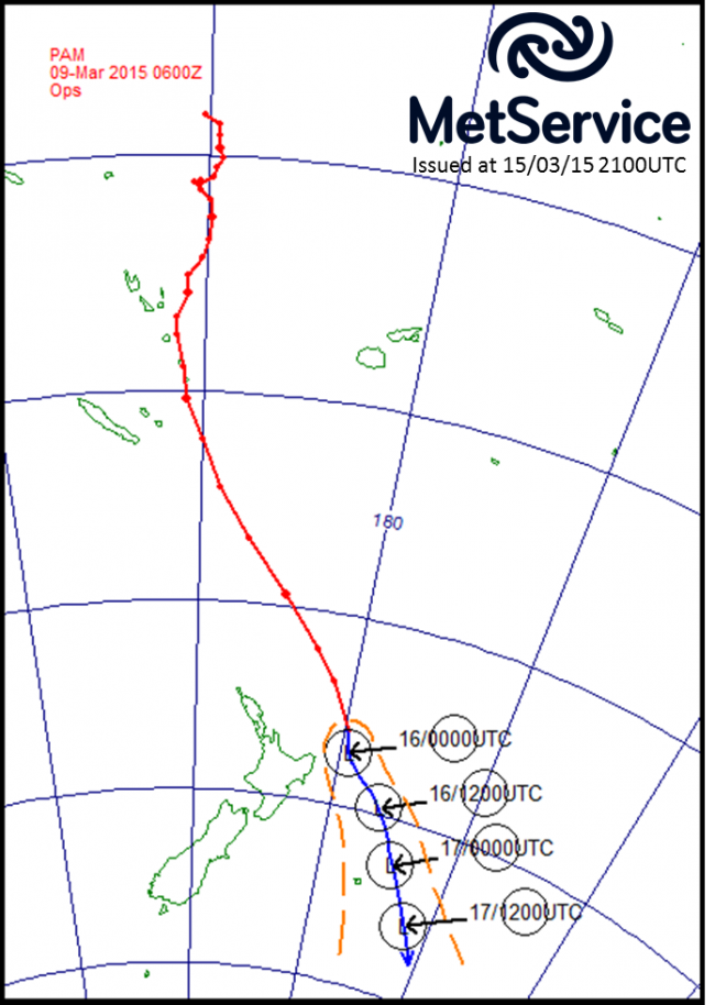 The historical track of Cyclone Pam (red line) and its forecast track (blue line) with forecast positions marked as circled L's in universal coordinated time (NZST = UTC +13 hours).