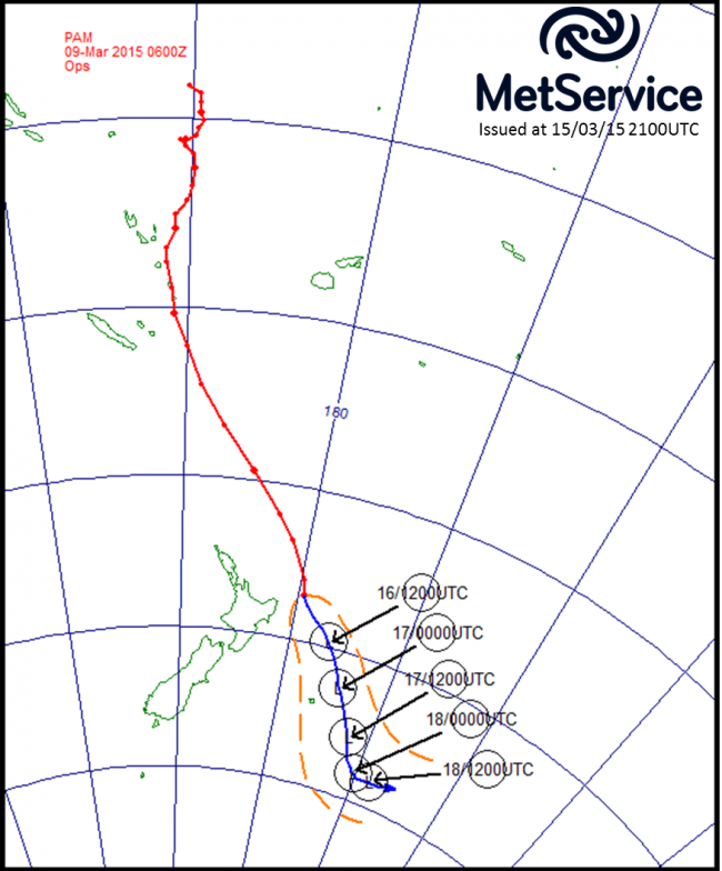 The historical track of Cyclone Pam (red line) and its forecast track (blue line) with forecast positions marked as circled L's in universal coordinated time (NZST = UTC +13 hours).