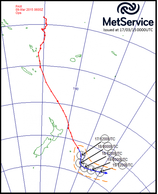 The historical track of Cyclone Pam (red line) and its forecast track (blue line) with forecast positions marked as circled L’s in universal coordinated time (NZST = UTC +13 hours)