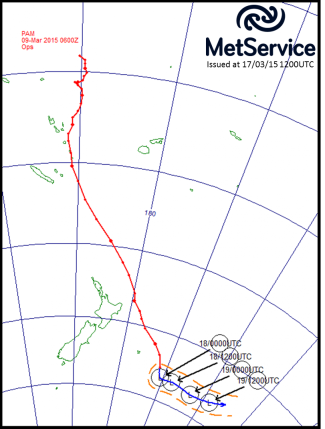 The historical track of Cyclone Pam (red line) and its forecast track (blue line) with forecast positions marked as circled L’s in universal coordinated time (NZST = UTC +13 hours)
