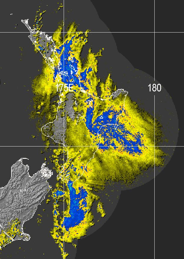 A radar image from 9:51am this morning clearly showing the rain falling into eastern and northern parts of the North Island, while western parts are sheltered.