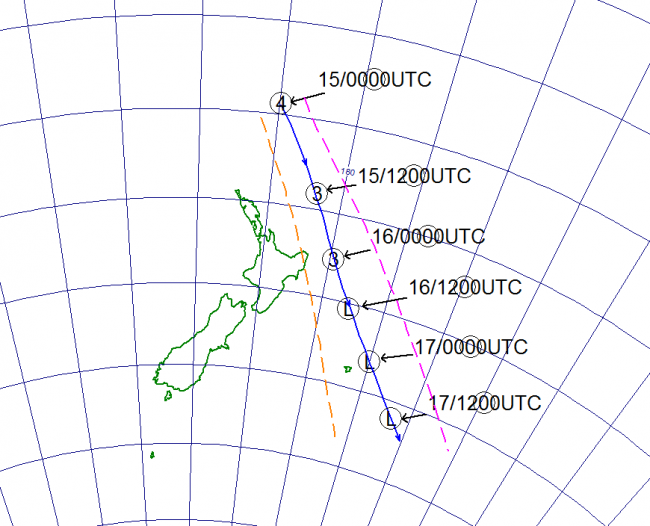 Track of TC Pam. The orange lines mark the uncertainty of the track. Times are given in UTC, add 13 hours for New Zealand local time.