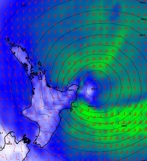 ECMWF model showing the low centre to the east of the north island at midday Monday 16 March.