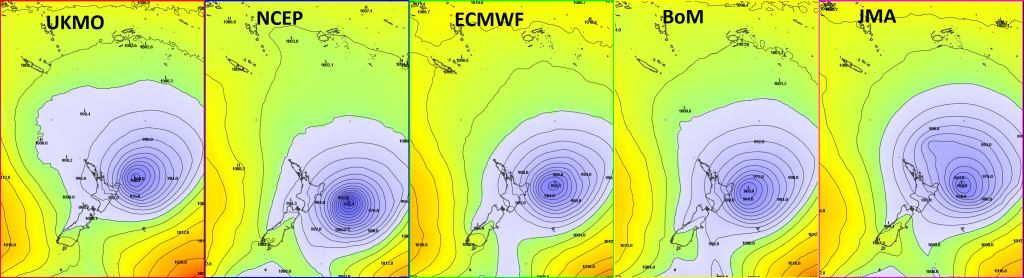An updated selection of different global models showing mean sea level pressure for 1am NZDT on Tuesday 17th March. Pressures lower than 1000hPa have been coloured blue.