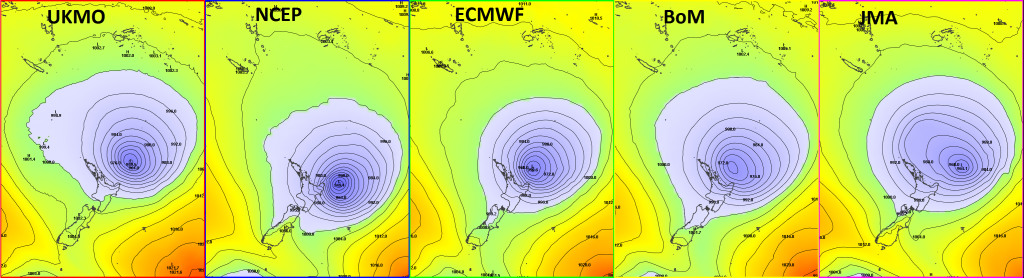An updated selection of different global models showing mean sea level pressure for 1pm NZDT on Monday 16th March. Pressures lower than 1000hPa have been coloured blue.