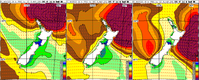 Significant combined waves in metres for midnight Sunday 15 March (left), midday Monday 16 March (middle) and midnight Monday 16 March (right).