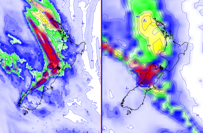Rainfall accumulation in mm for the 12 hours prior to midday Monday 27th April 2015. The ECMWF forecast is on the left and the UK Met Office model is on the right.
