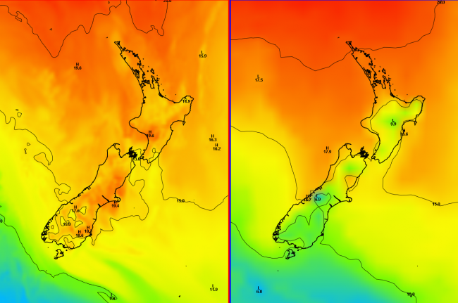 Surface temperatures (degrees C) for midday on Monday 27th April 2015. The ECMWF forecast is on the left and the UK Met Office model is on the right.