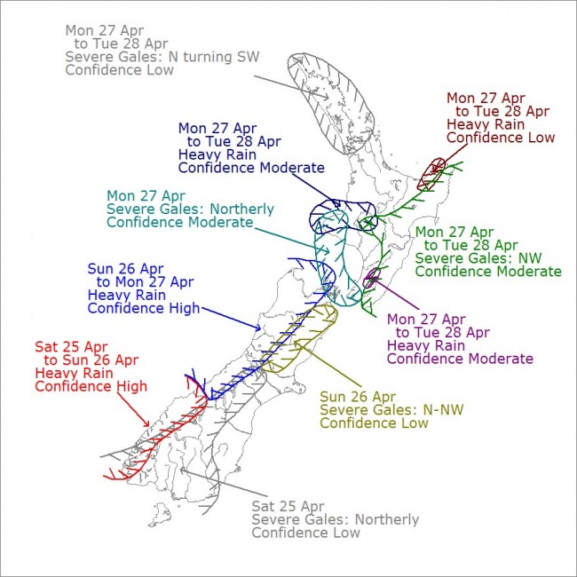 Severe Weather Outlook for Monday 27 and Tuesday 28 April 2015. Issued at 2:39pm Thursday 23 April 2015. Low confidence: a 20% likelihood (or 1 chance in 5) that the event will actually happen. Moderate confidence: a 40% likelihood (or 2 chances in 5) that the event will actually happen. High confidence: a 60% likelihood (or 3 chances in 5) that the event will actually happen. For the latest Severe Weather Outlook head to http://www.metservice.com/warnings/severe-weather-outlook