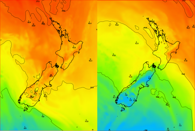 Surface temperatures (degrees C) for midday on Monday 27th (left) and Tuesday 28th (right) April 2015 from the ECMWF model.