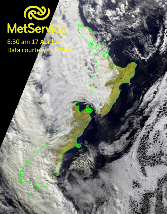 False or natural colour RGB image at 8:30 am NZST on 17 April 2015, courtesy of NOAA