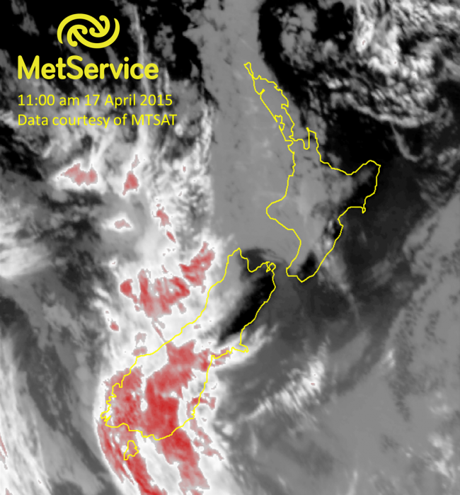 Infrared satellite image at 11:00 am NZST on 17 April 2015, courtesy of MTSAT