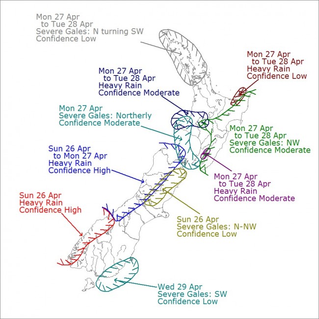 Severe Weather Outlook for Monday 27 and Tuesday 28 April 2015. Issued at 2:39pm Thursday 23 April 2015. Low confidence: a 20% likelihood (or 1 chance in 5) that the event will actually happen. Moderate confidence: a 40% likelihood (or 2 chances in 5) that the event will actually happen. High confidence: a 60% likelihood (or 3 chances in 5) that the event will actually happen. For the latest Severe Weather Outlook head to http://www.metservice.com/warnings/severe-weather-outlook