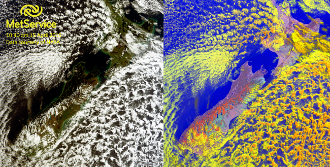 True colour (left) and snow (right) RGB images at 10:40 am NZST on 15 April 2015, courtesy of NASA MODIS. Snow is shown as red and clouds are yellow and orange.