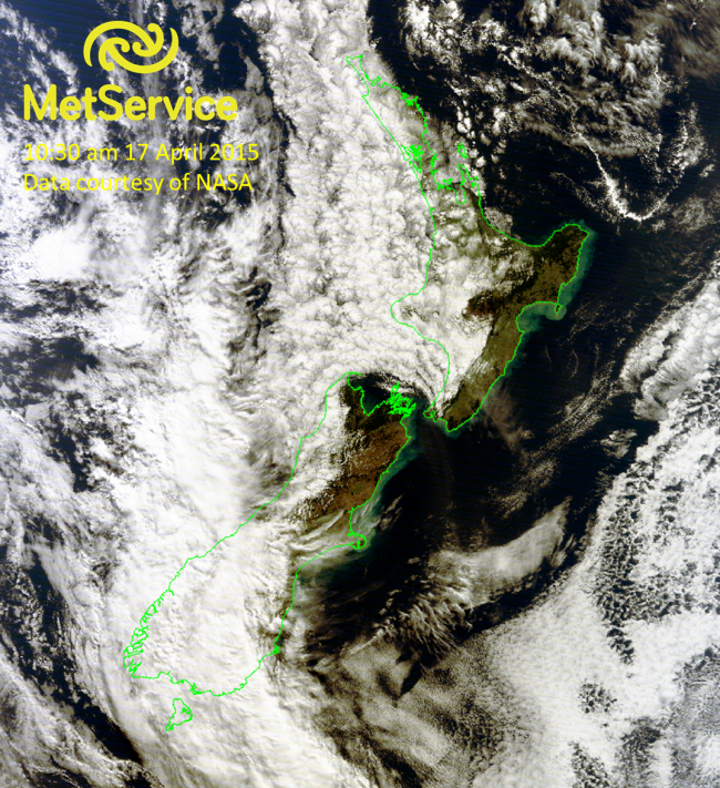 True colour RGB image at 10:30 am NZST on 17 April 2015, courtesy of NASA MODIS