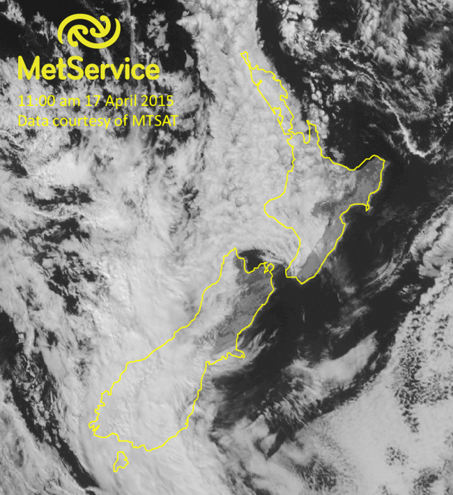 Visible satellite image at 11:00 am NZST on 17 April 2015, courtesy of MTSAT. The thicker the cloud, the more visible light is reflected back to the satellite, and the brighter it will appear on the image. Thinner clouds do not reflect as much so will appear a lighter grey.