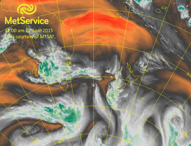 Water vapour satellite image at 11:00 am NZST on 17 April 2015, courtesy of MTSAT. Clouds and other areas of high mid- and upper level moisture are depicted as white and green, while dry areas aloft are shown as orange and red.