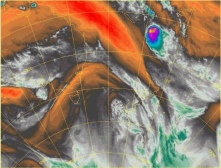 Water vapour satellite loop from 11Z to 23Z on 12 April (11pm local time on 12 April to 11am on 13 April). Ex-Tropical Cyclone Solo is in the purple clouds north of New Zealand.