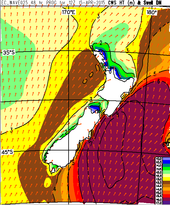 Combined wave heights (in metres) for midnight Wednesday by the ECMWF model
