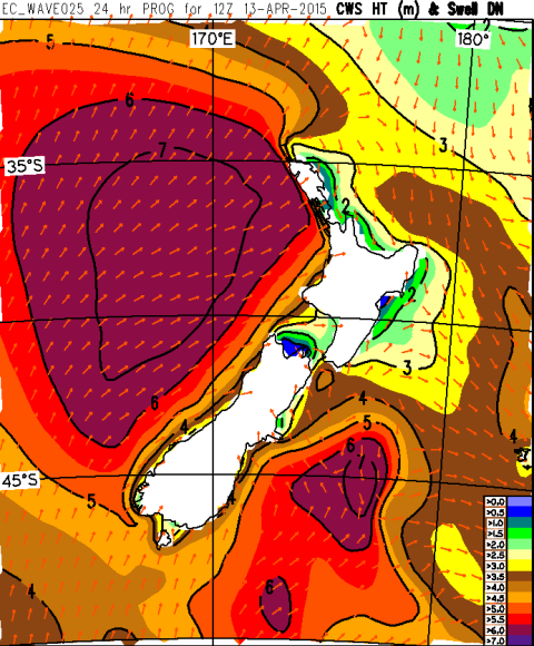 Combined wave height (in metres) from the ECMWF model, valid at 12Z on 13 April (midnight local time)