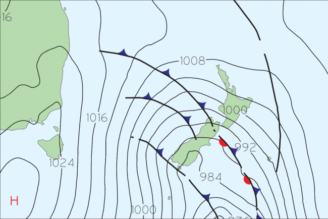 An example of southerly winds bringing snowfall from April 2015.