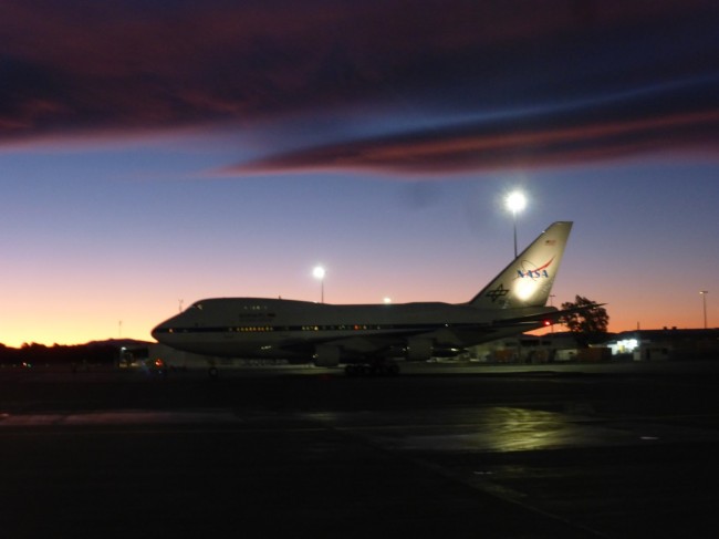 SOFIA sitting on the runway at Christchurch Airport beneathe a stunning Canterbury Sunset. Photo courtesy of NASA.